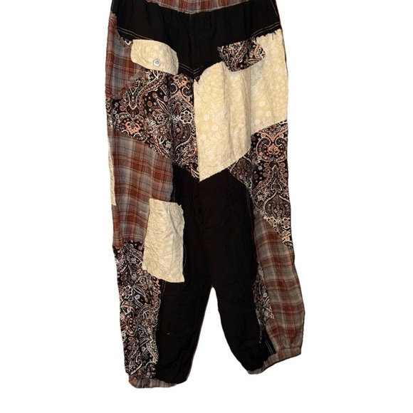POL OVERSIZED Medium Patchwork Boho Lace Black Brown Tan Joggers Pants NWOT - Picture 4 of 14